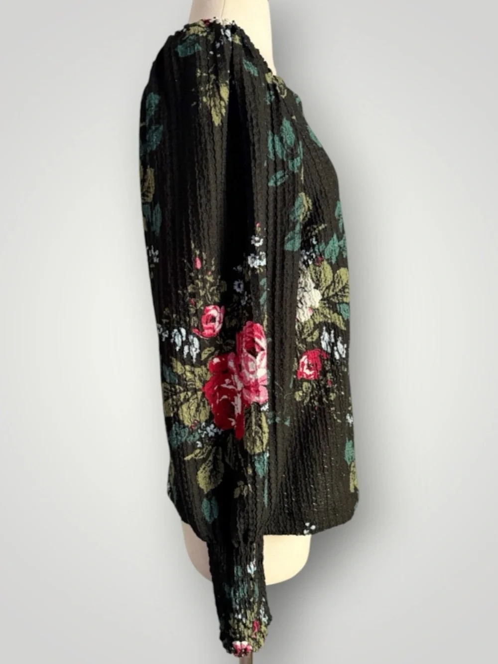 Ann Taylor LOFT Floral Square Neck Textured Knit Long Puff Sleeve Top L Black